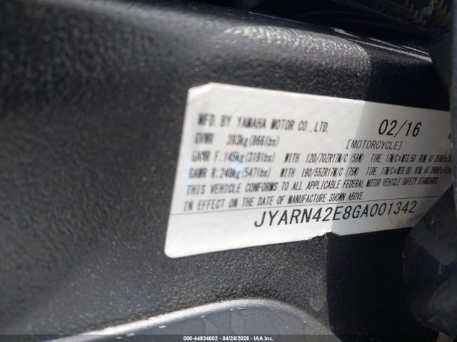 Aukcja sprzedaży 2016 Yamaha Yzfr1s, vin: JYARN42E8GA001342, numer aukcji: 44934602