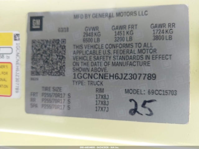 44934608 :رقم المزاد ، 1GCNCNEH6JZ307789 vin ، 2018 Chevrolet Silverado 1500 Wt مزاد بيع