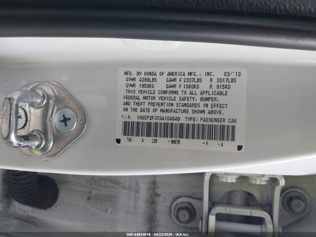 Продаж на аукціоні авто 2010 Honda Accord 2.4 Lx, vin: 1HGCP2F37AA104648, номер лоту: 44934616