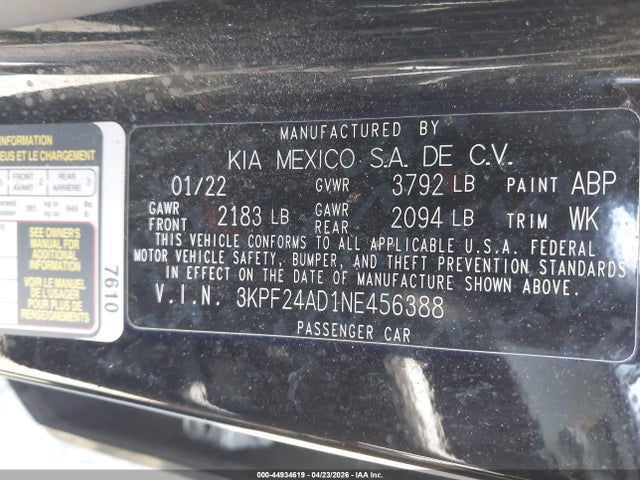 Продажа на аукционе авто 2022 Kia Forte Lxs, vin: 3KPF24AD1NE456388, номер лота: 44934619