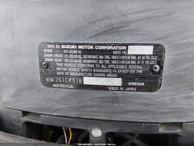 Продаж на аукціоні авто 2009 Suzuki An650 A, vin: JS1CP51B692100332, номер лоту: 44934622