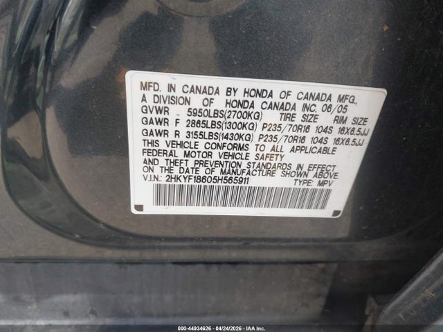 Продажа на аукционе авто 2005 Honda Pilot Ex-l, vin: 2HKYF18605H565911, номер лота: 44934626