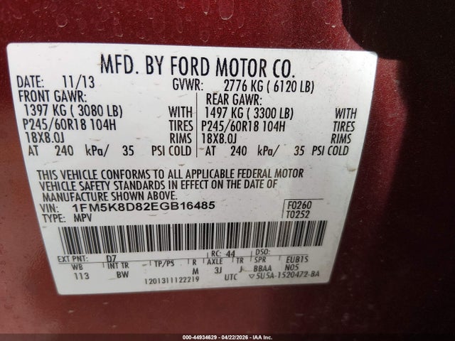 44934629 :رقم المزاد ، 1FM5K8D82EGB16485 vin ، 2014 Ford Explorer Xlt مزاد بيع