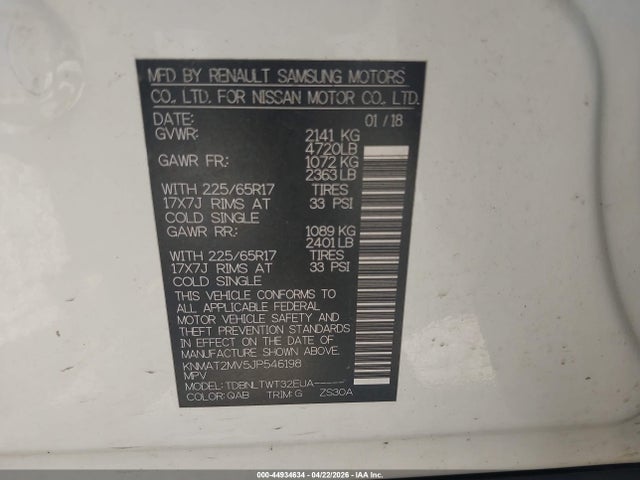 44934634 :رقم المزاد ، KNMAT2MV5JP546198 vin ، 2018 Nissan Rogue Sv مزاد بيع