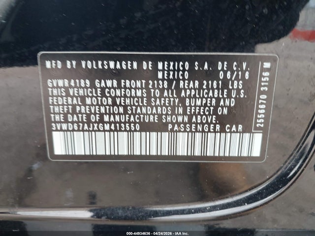 2016 Volkswagen Jetta 1.4t Se მანქანა იყიდება აუქციონზე, vin: 3VWD67AJXGM413550, აუქციონის ნომერი: 44934636