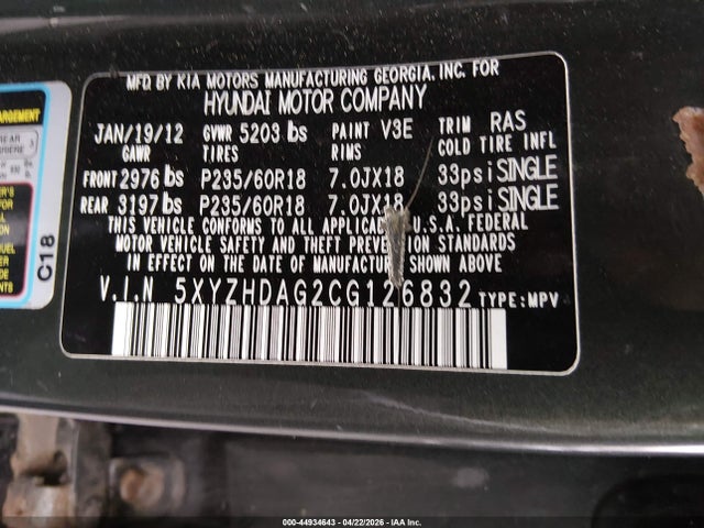 44934643 :رقم المزاد ، 5XYZHDAG2CG126832 vin ، 2012 Hyundai Santa Fe Se مزاد بيع
