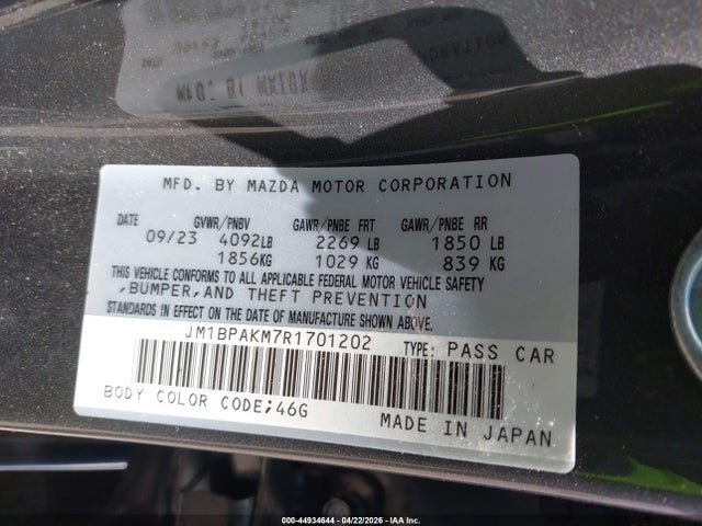 44934644 :رقم المزاد ، JM1BPAKM7R1701202 vin ، 2024 Mazda Mazda3 2.5 S Select Sport مزاد بيع