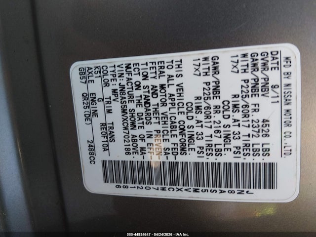 Aukcja sprzedaży 2012 Nissan Rogue Sv, vin: JN8AS5MVXCW702186, numer aukcji: 44934647