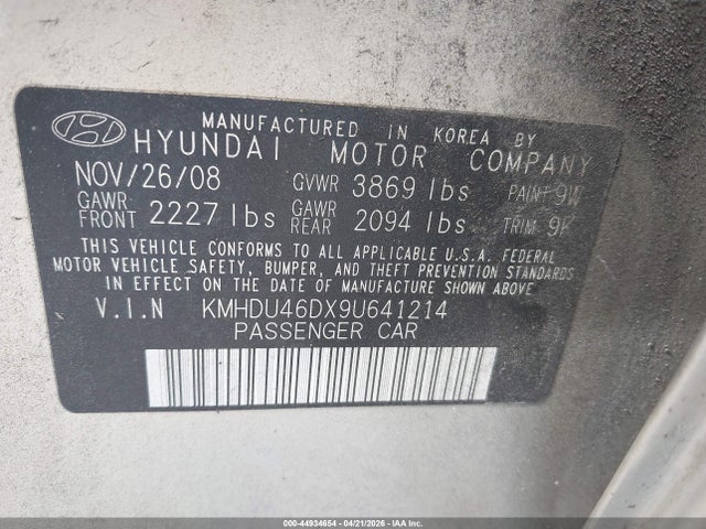 Продаж на аукціоні авто 2009 Hyundai Elantra Gls, vin: KMHDU46DX9U641214, номер лоту: 44934654