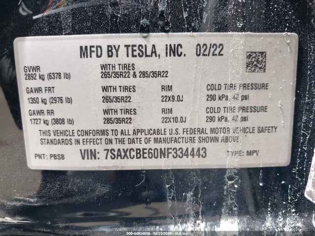 Aukcja sprzedaży 2022 Tesla Model X Plaid Tri Motor All-wheel Drive, vin: 7SAXCBE60NF334443, numer aukcji: 44934656