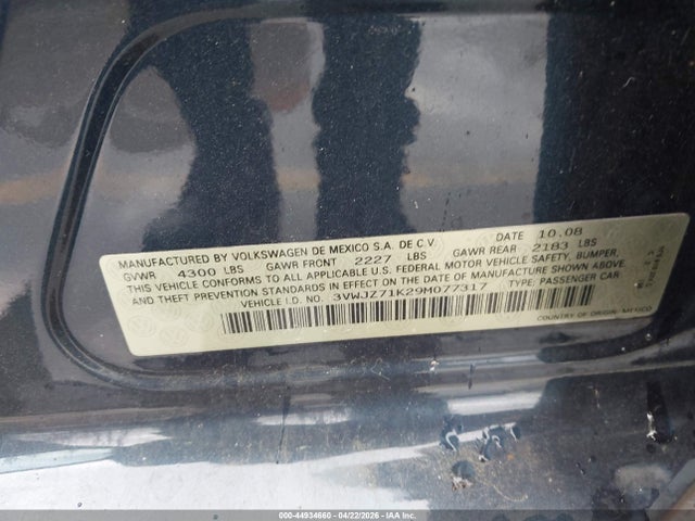 Aukcja sprzedaży 2009 Volkswagen Jetta S, vin: 3VWJZ71K29M077317, numer aukcji: 44934660