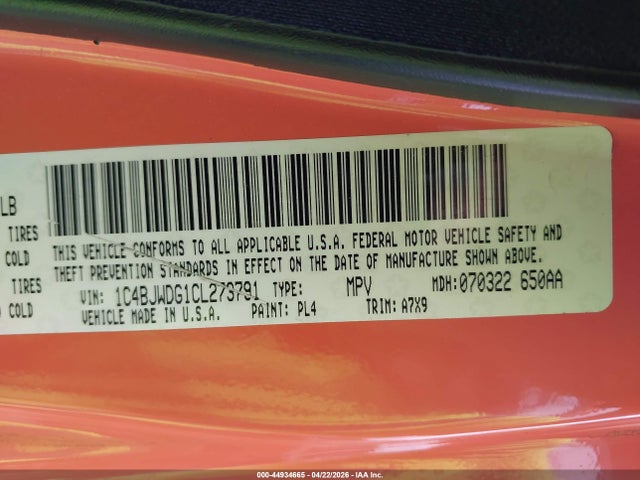 Aukcja sprzedaży 2012 Jeep Wrangler Unlimited Sport, vin: 1C4BJWDG1CL273791, numer aukcji: 44934665