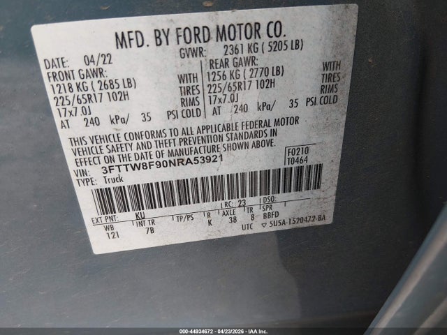 Aukcja sprzedaży 2022 Ford Maverick Xlt, vin: 3FTTW8F90NRA53921, numer aukcji: 44934672