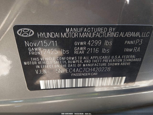 2012 Hyundai Sonata Se მანქანა იყიდება აუქციონზე, vin: 5NPEC4AC7CH420228, აუქციონის ნომერი: 44934680