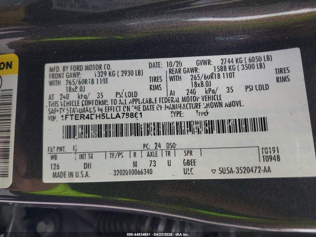 44934681 :رقم المزاد ، 1FTER4EH5LLA78861 vin ، 2020 Ford Ranger Lariat مزاد بيع