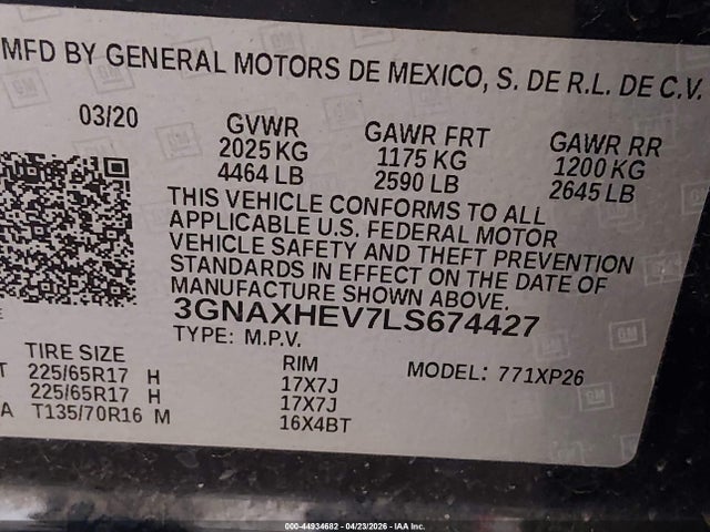 44934682 :رقم المزاد ، 3GNAXHEV7LS674427 vin ، 2020 Chevrolet Equinox Fwd Ls مزاد بيع