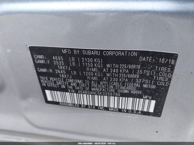 44934695 :رقم المزاد ، 4S4BSANC5K3256790 vin ، 2019 Subaru Outback 2.5i Limited مزاد بيع