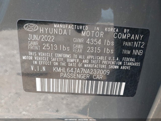 Aukcja sprzedaży 2022 Hyundai Sonata Sel, vin: KMHL64JA7NA237009, numer aukcji: 44934700