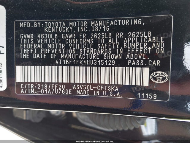 Aukcja sprzedaży 2017 Toyota Camry Se, vin: 4T1BF1FK4HU315129, numer aukcji: 44934706
