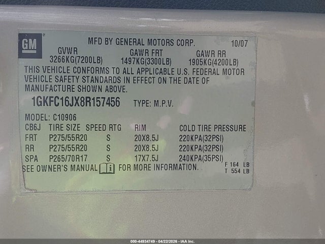 Продаж на аукціоні авто 2008 Gmc Yukon Xl 1500 Slt, vin: 1GKFC16JX8R157456, номер лоту: 44934749