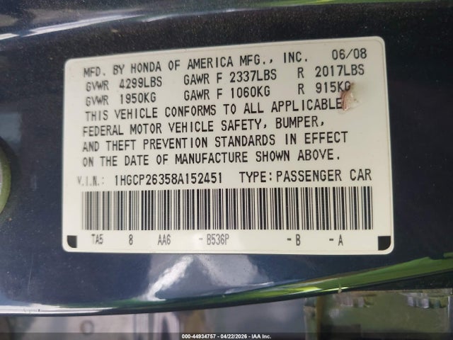 44934757 :رقم المزاد ، 1HGCP26358A152451 vin ، 2008 Honda Accord 2.4 Lx مزاد بيع
