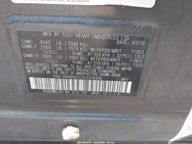 2012 Subaru Outback 2.5i Premium მანქანა იყიდება აუქციონზე, vin: 4S4BRCCCXC3248986, აუქციონის ნომერი: 44934763