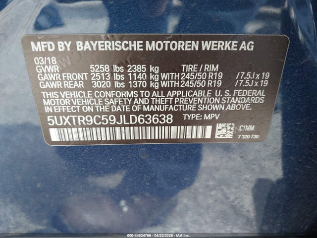 44934766 :رقم المزاد ، 5UXTR9C59JLD63638 vin ، 2018 Bmw X3 Xdrive30i مزاد بيع