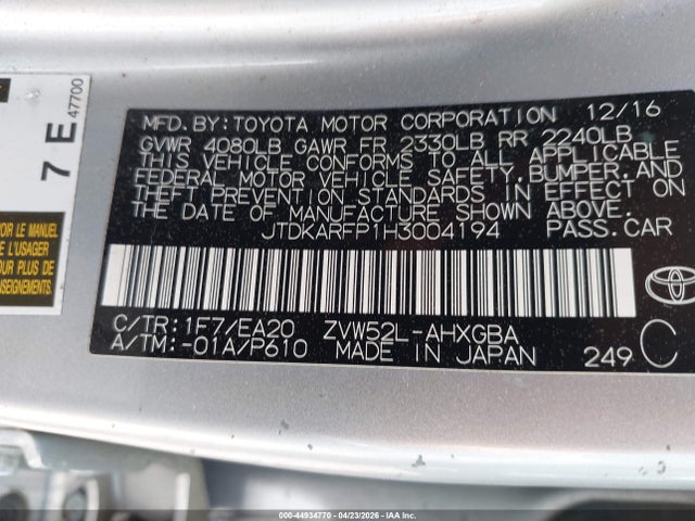 Продажа на аукционе авто 2017 Toyota Prius Prime Premium, vin: JTDKARFP1H3004194, номер лота: 44934770