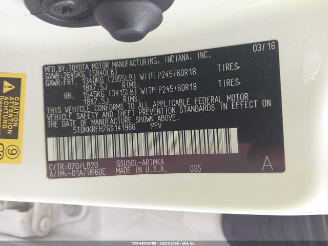 5TDKKRFH7GS141966 Toyota Highlander Xle V6