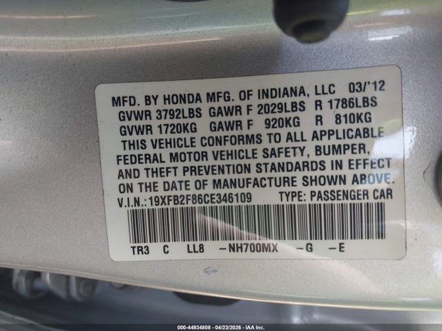 44934808 :رقم المزاد ، 19XFB2F86CE346109 vin ، 2012 Honda Civic Ex مزاد بيع