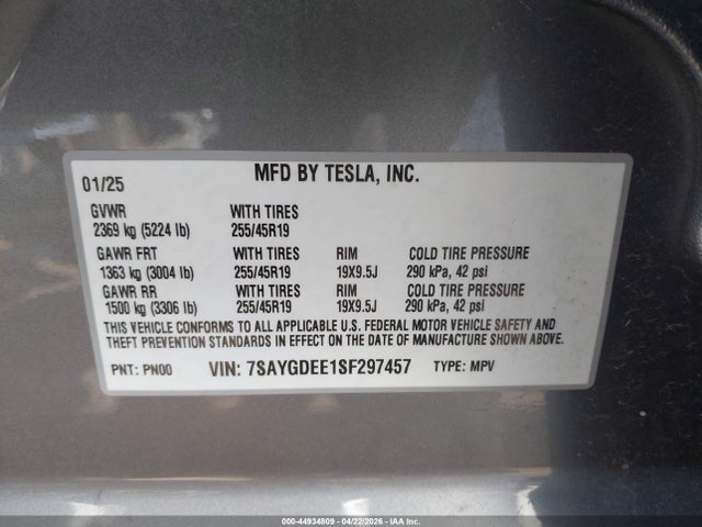 Продажа на аукционе авто 2025 Tesla Model Y Long Range Dual Motor All-wheel Drive, vin: 7SAYGDEE1SF297457, номер лота: 44934809
