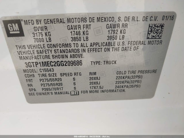 44934814 :رقم المزاد ، 3GTP1MEC2GG209686 vin ، 2016 Gmc Sierra 1500 Sle مزاد بيع