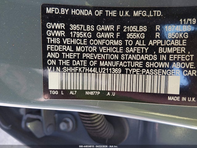 Продаж на аукціоні авто 2020 Honda Civic Sport, vin: SHHFK7H44LU211369, номер лоту: 44934815