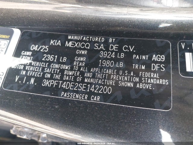 Продаж на аукціоні авто 2025 Kia K4 Lxs, vin: 3KPFT4DE2SE142200, номер лоту: 44934816