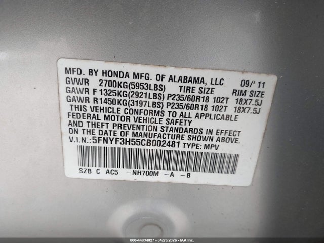 2012 Honda Pilot Ex-l მანქანა იყიდება აუქციონზე, vin: 5FNYF3H55CB002481, აუქციონის ნომერი: 44934827