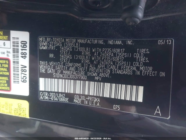 44934828 :رقم المزاد ، 5TDYK3DC3DS377900 vin ، 2013 Toyota Sienna Xle V6 8 Passenger مزاد بيع