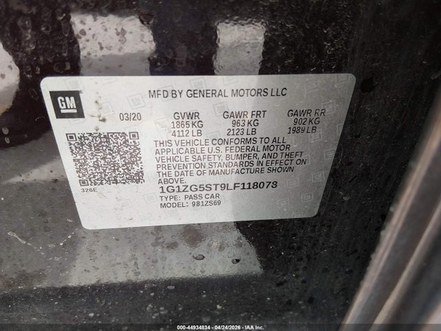 44934834 :رقم المزاد ، 1G1ZG5ST9LF118078 vin ، 2020 Chevrolet Malibu Fwd Rs مزاد بيع