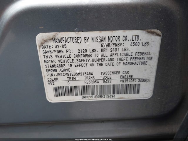 44934835 :رقم المزاد ، JNKCV51E05M215494 vin ، 2005 Infiniti G35 مزاد بيع