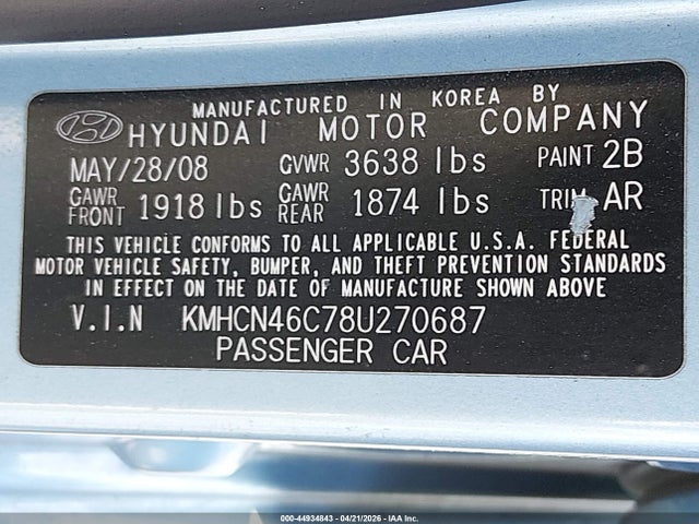 44934843 :رقم المزاد ، KMHCN46C78U270687 vin ، 2008 Hyundai Accent Gls مزاد بيع