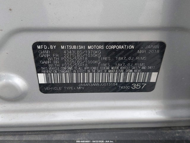 Продажа на аукционе авто 2018 Mitsubishi Outlander Sport 2.4 Se, vin: JA4AR3AW9JU013154, номер лота: 44934851
