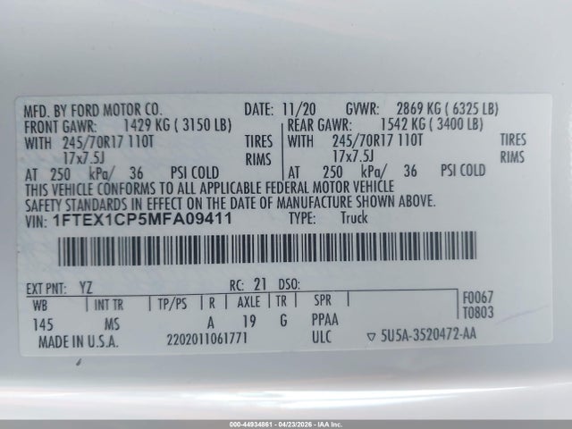 Продажа на аукционе авто 2021 Ford F-150 Xlt, vin: 1FTEX1CP5MFA09411, номер лота: 44934861