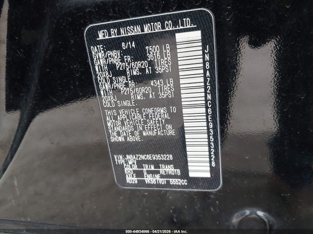 2014 Infiniti Qx80 მანქანა იყიდება აუქციონზე, vin: JN8AZ2NC6E9353228, აუქციონის ნომერი: 44934866