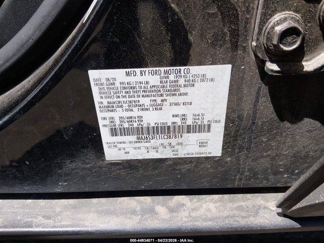 Aukcja sprzedaży 2020 Ford Ecosport S, vin: MAJ6S3FL1LC387819, numer aukcji: 44934871