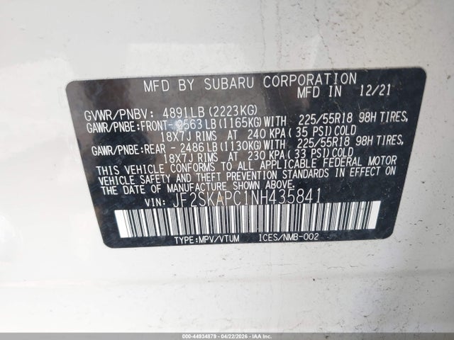 Продаж на аукціоні авто 2022 Subaru Forester Limited, vin: JF2SKAPC1NH435841, номер лоту: 44934879