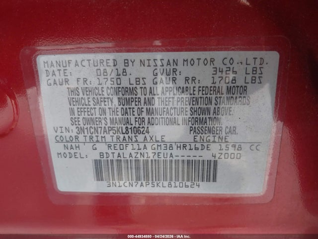 Aukcja sprzedaży 2019 Nissan Versa 1.6 S+, vin: 3N1CN7AP5KL810624, numer aukcji: 44934880