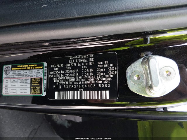 44934883 :رقم المزاد ، 5XYP34HC4NG218083 vin ، 2022 Kia Telluride Ex مزاد بيع