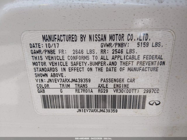 44934888 :رقم المزاد ، JN1EV7ARXJM439359 vin ، 2018 Infiniti Q50 3.0t Luxe مزاد بيع