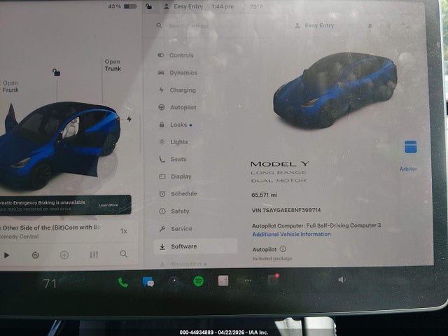 Продажа на аукционе авто 2022 Tesla Model Y Long Range Dual Motor All-wheel Drive, vin: 7SAYGAEE8NF399714, номер лота: 44934889