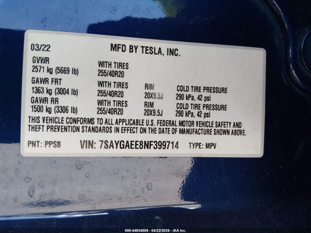 Продажа на аукционе авто 2022 Tesla Model Y Long Range Dual Motor All-wheel Drive, vin: 7SAYGAEE8NF399714, номер лота: 44934889