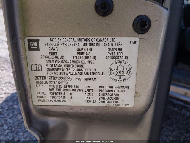 2002 Gmc Sierra 1500 Sl/sle/standard მანქანა იყიდება აუქციონზე, vin: 2GTEK19T821226085, აუქციონის ნომერი: 44934890